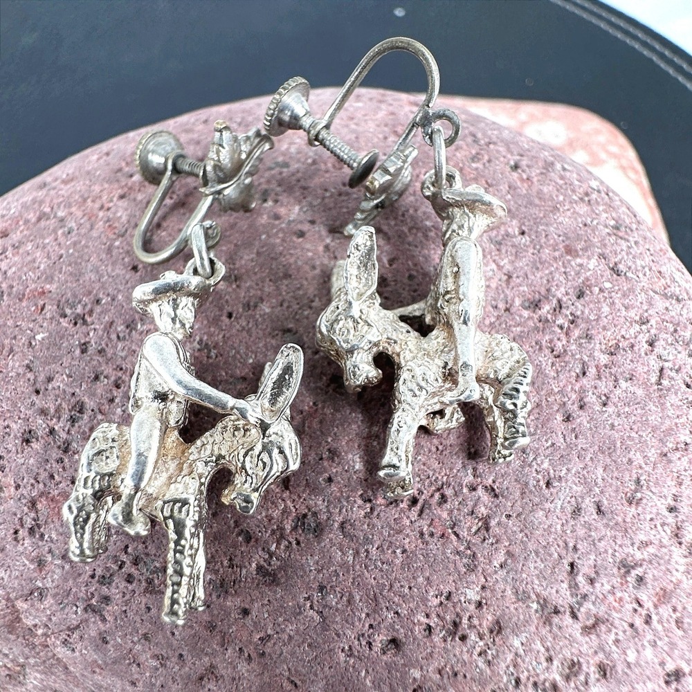 Mid Century Silver Tone Donkey Rider Dangle Earrings Screw Back Vintage